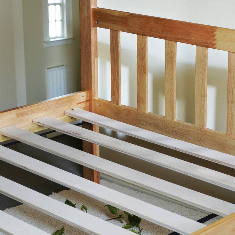 Twin Over Twin Rubber Wood Bunk Bed with Trundle, Convertible into Twin Beds, Ladder and Safety Guardrails