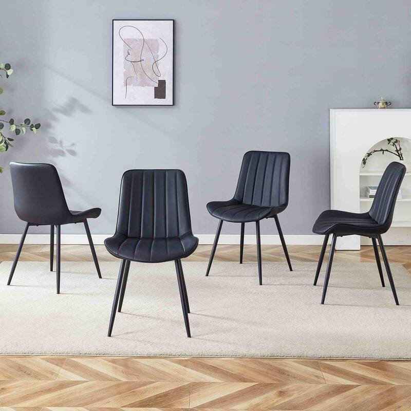 Dining Chair Set of 4 PU Extended Seating with Black Metal Legs - Black
