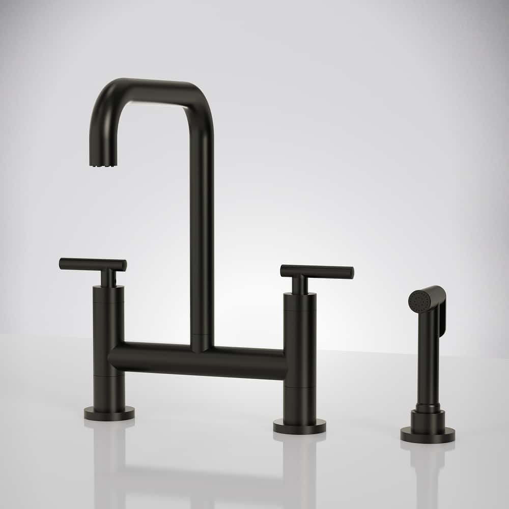 Two-Handles Bridge Kitchen Faucet with Side Sprayer Deck Mount Widespread Kitchen Faucet