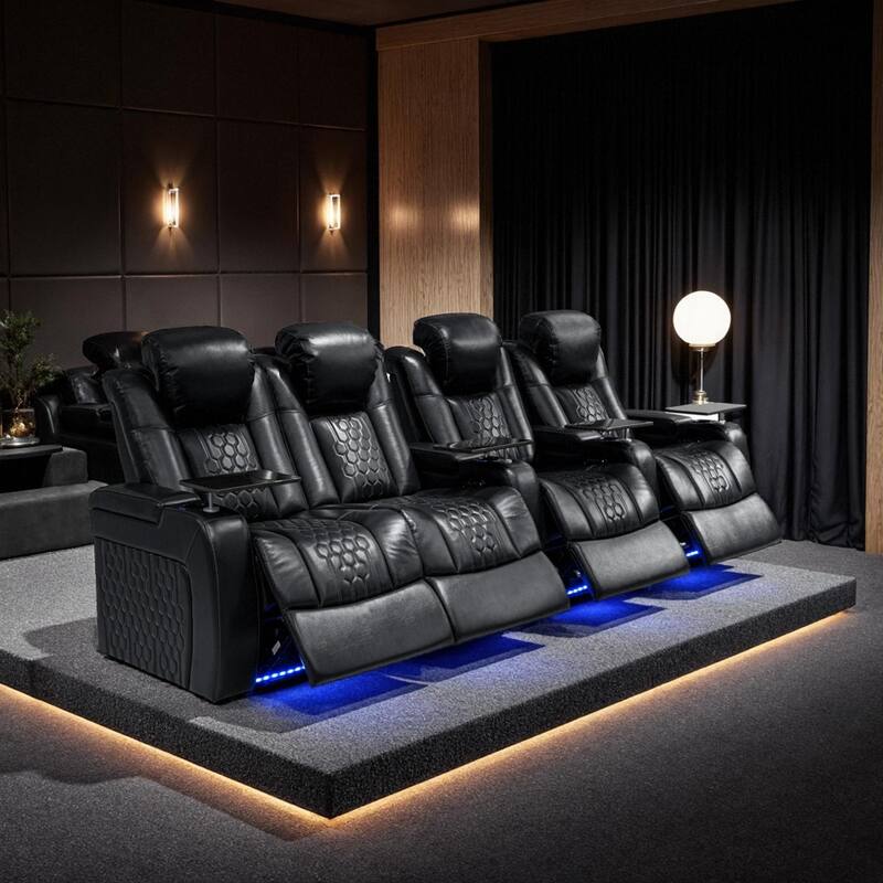 Roomfitters 124.4" Power Recliner 4-Piece Set, Top-Grain Nappa Leather, 23-Color RGB LED & USB-C Charging, Black - Black