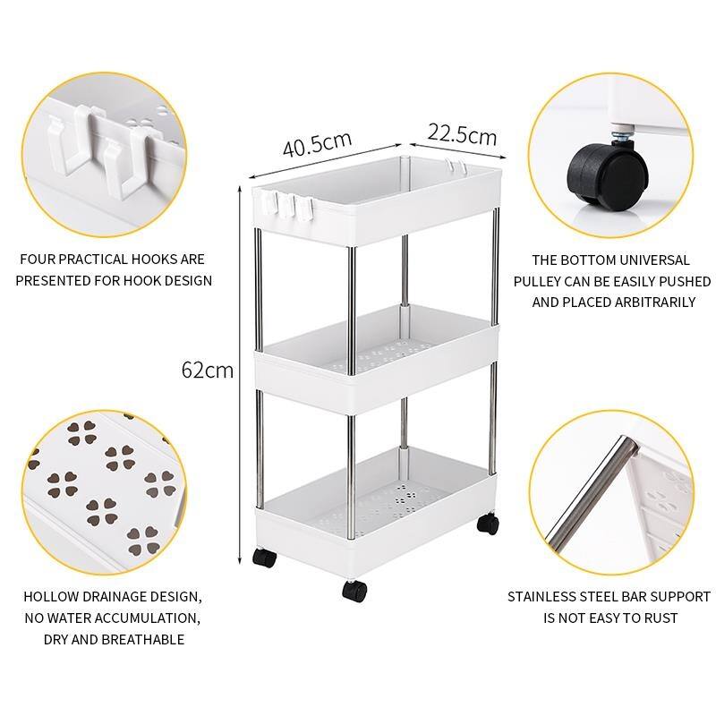3-Layer Plastic and Stainless Steel Mobile Storage Cart for Kitchen, Bathroom, Narrow Place - White