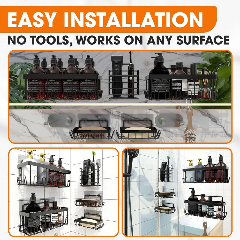 Cheer Collection 5 Pack Stainless Steel Shower Caddy Set Wall Mounted No Drill Storage Organizer - Pack of 5