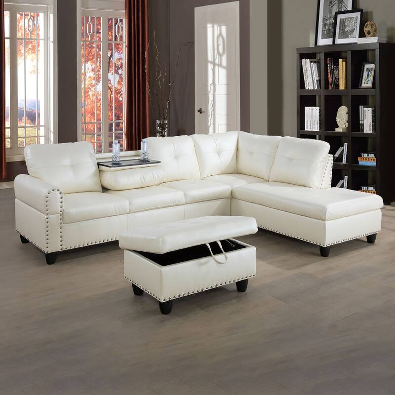 White Faux Leather Storage Ottoman for Entryway