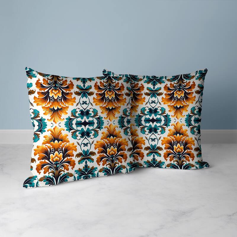 Turquoise And Orange Damask Rapture Faux Suede Throw Pillow Zipper