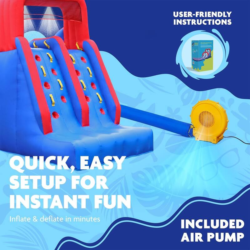 Deluxe Inflatable Water Racing Slide Park - Heavy-Duty Nylon Bouncy Station - Climbing Wall, Two Slides & Splash Pool - Large