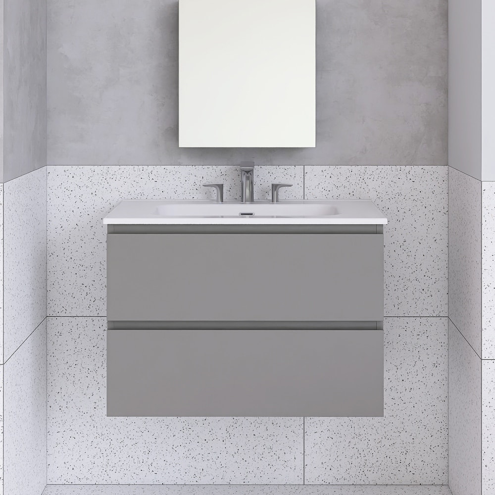 Floating Integrated Bathroom Vanity with Ceramic Sink, Three Faucet Holes