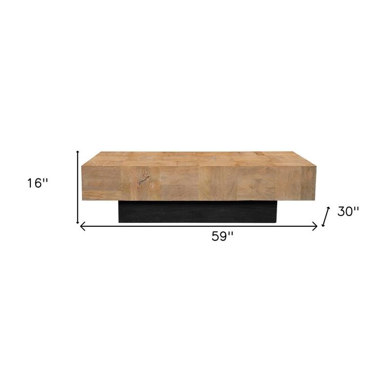 HomeRoots 59" Natural and Black Solid Wood Block Coffee Table - 59