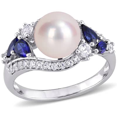 Miadora 10k White Gold Cultured FW Pearl with Created Blue & White Sapphire Pearl Ring (8-8.5mm)