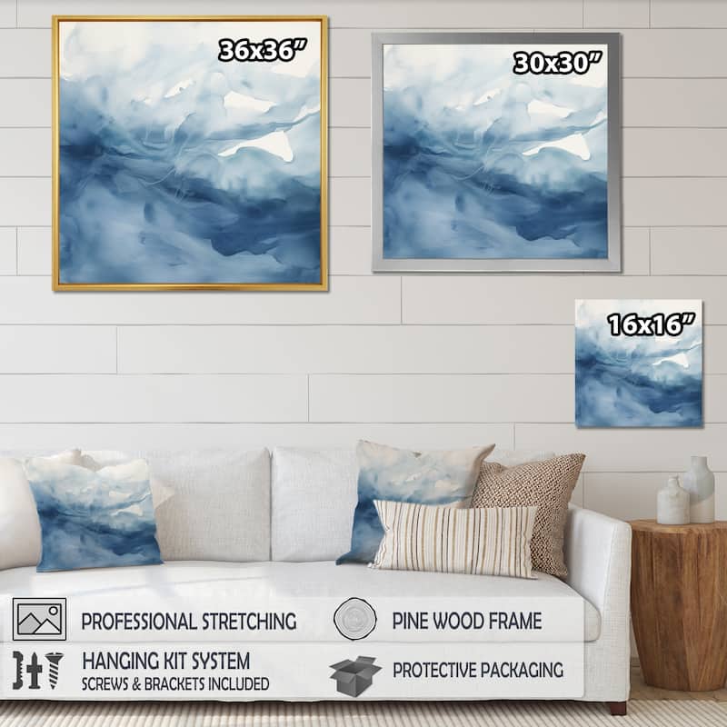 Designart "Blue And White Dancing Watercolor Clouds" Abstract Painting Framed Canvas Art Print