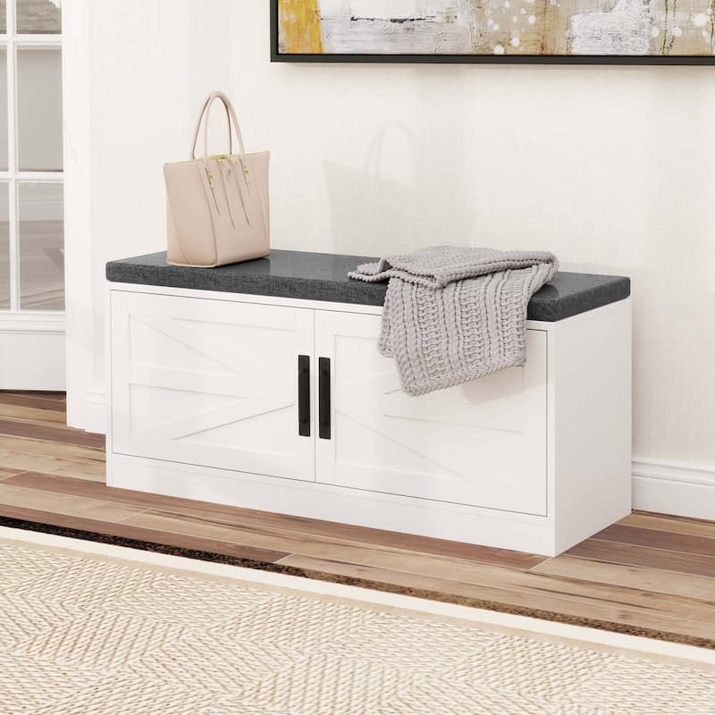 Costway Shoe Bench Farmhouse Shoe Rack Organizer with Cushion 2 Doors - See Details