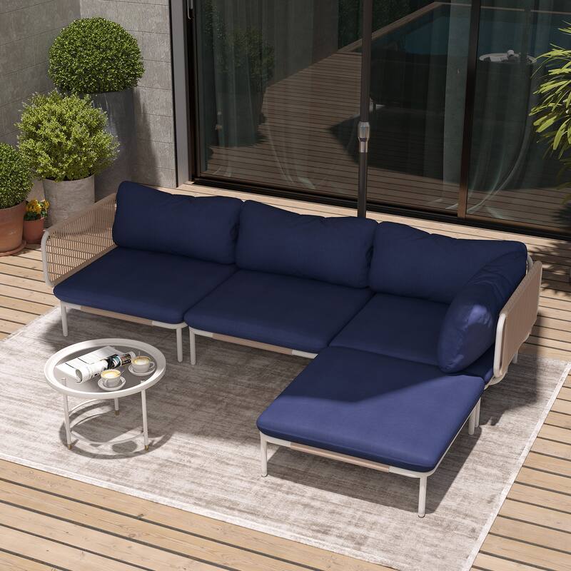 Pellebant Outdoor Sectional Sofa Patio Conversation Seating Set - Set of 4 - NavyBlue-4PCwith7Armrest