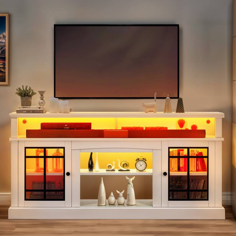 Moasis LED Farmhouse TV Stand Highboy Entertainment Center Media Console with Adjustable Shelves & Glass Doors