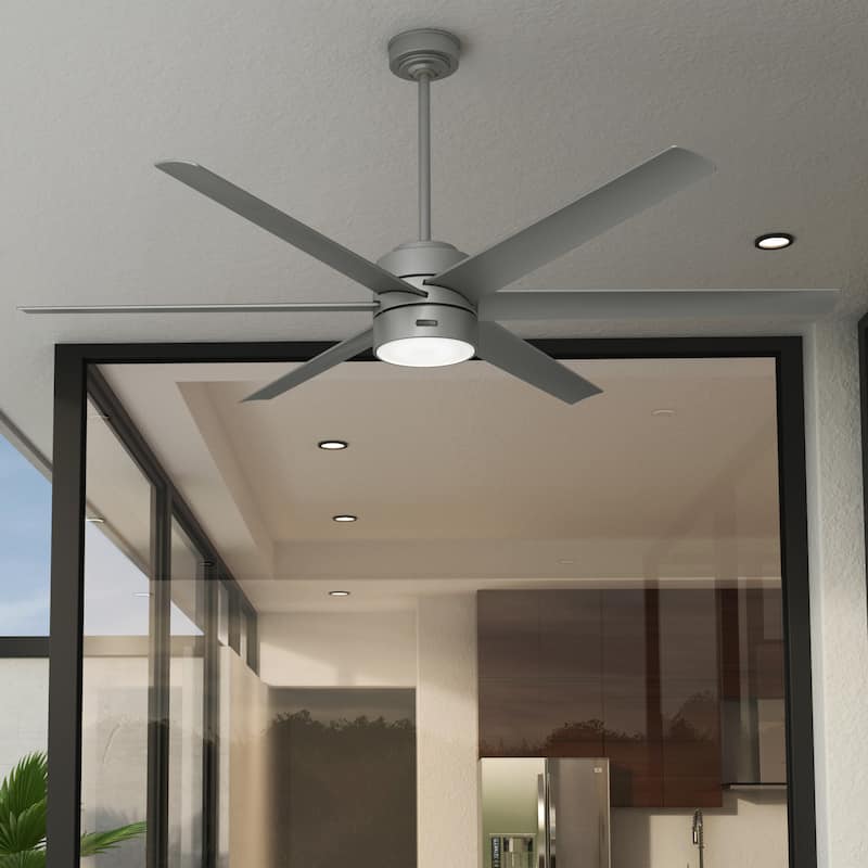 Hunter 72" Solaria Outdoor Ceiling Fan with LED Light, Wall Control - Damp-Rated - Industrial, Contemporary - ENERGY STAR! - Matte Silver