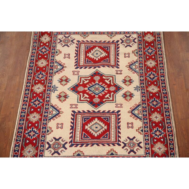 Ivory Kazak Oriental Accent Rug Hand-Knotted Wool Carpet - 3'5"x 4'10"