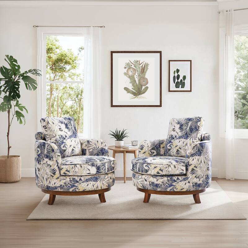 Modern Set of 2 Chenille Wooden Swivel Barrel Chair Upholstered Ergonomic Design - Blue Floral Print