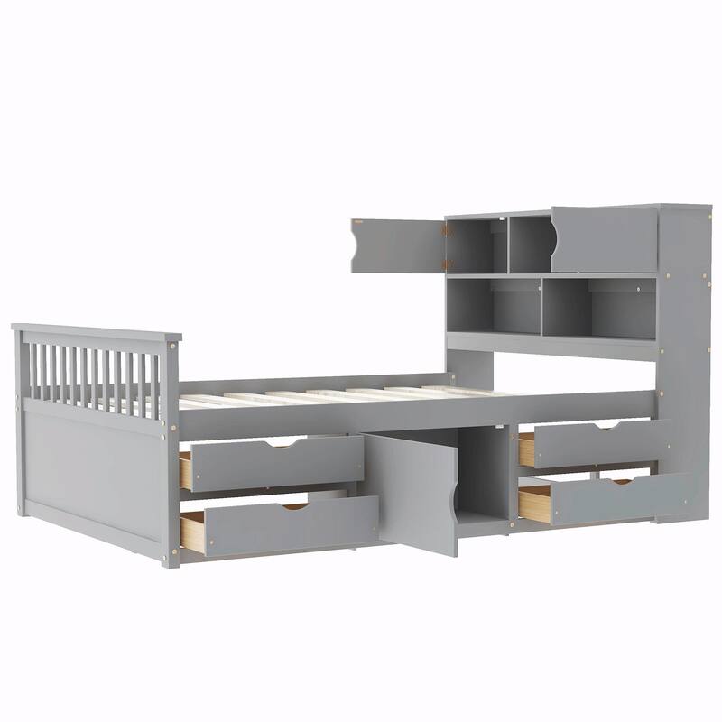 Captain Platform Bed Frame with Storage Bookcases, Shelves & Four Drawers