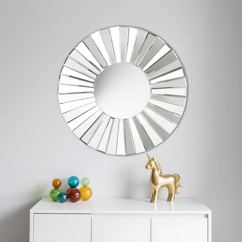 Round Decorative Wall Mirror Sunburst Design with MDF Back 35 Inch - Silver/Chrome - Dia.35.4"*D0.8"