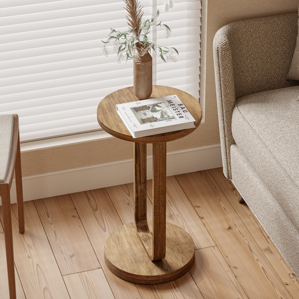 COZAYH Farmhouse Round End Table, Minimalist Small Drink Table with Open Base, Boho Tall Plant Stand, Natural Wood Color