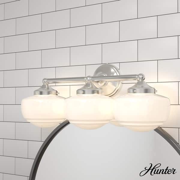 slide 2 of 8, Hunter Saddle Creek Vanity Wall Light - Transitional, Vintage Schoolhouse - Damp Rated! 3- Light - Brushed Nickel -White Glass