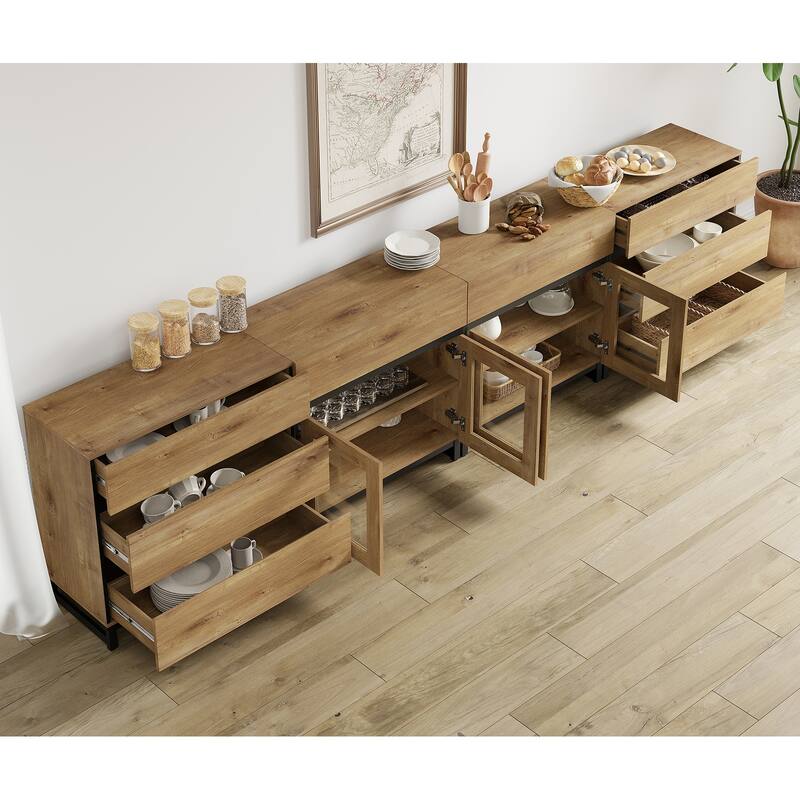 4 in 1 Sideboard with 8 Glass Doors & Drawers, Adjustable Shelf, Metal Base. Coffee Bar Storage for Living Room, Kitchen