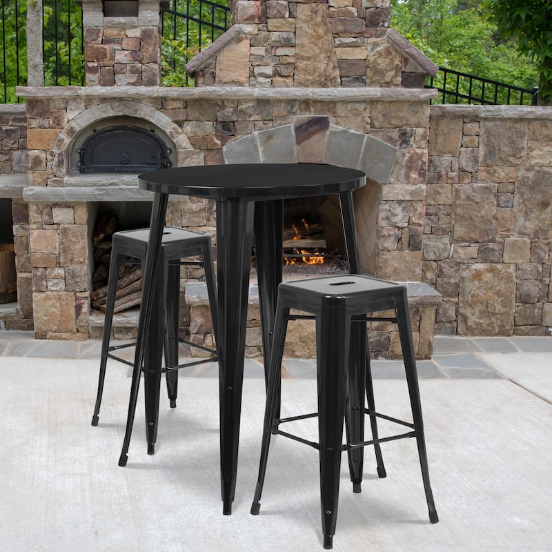 30'' Round Metal Indoor-Outdoor Bar Table Set with 2 Square Seat Backless Stools - 30"W x 30"D x 41"H - 30"W x 30"D x 41"H - Black