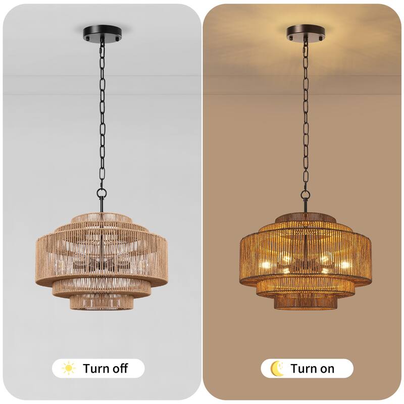 4/6-Light Boho 5-Tier Hand Woven Rattan Drum Chandelier