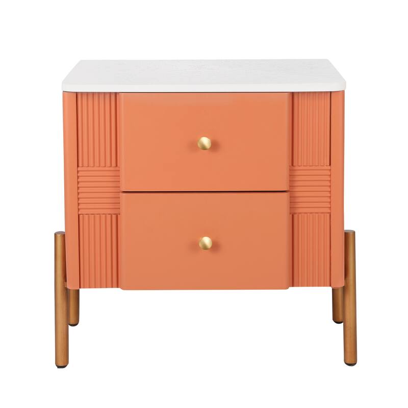 Modern 2-Drawer Fluted Nightstand - Golden Metal Handles/Legs, Easy Assembly (Orange)