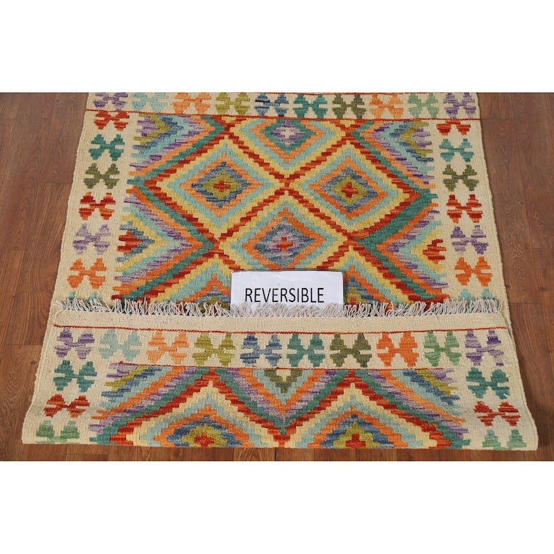 Reversible Kilim Rug Hand-Woven Wool Foyer Carpet - 3'4"x 4'6"