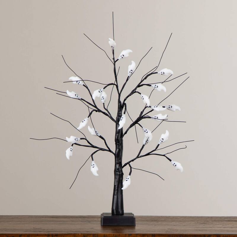 2-ft Pre-Lit Artificial Halloween Ghost Twig Tree with 24 Lights - Black