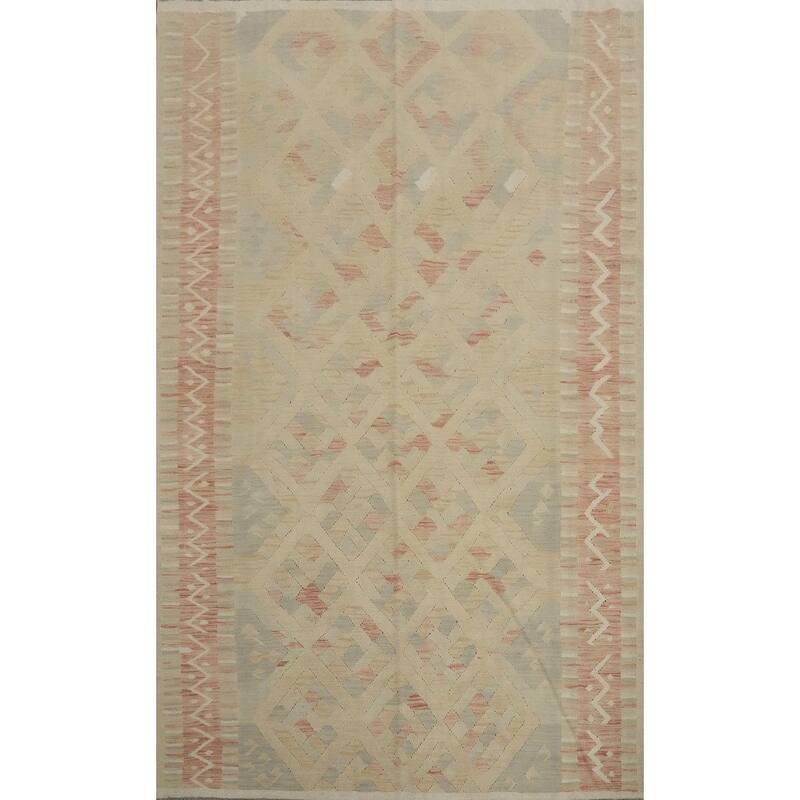 Hand Woven Oriental 100% Wool Carpet Southwestern Tribal Beige & Ivories Kilim Area Rug - 9' 8'' X 6' 8''
