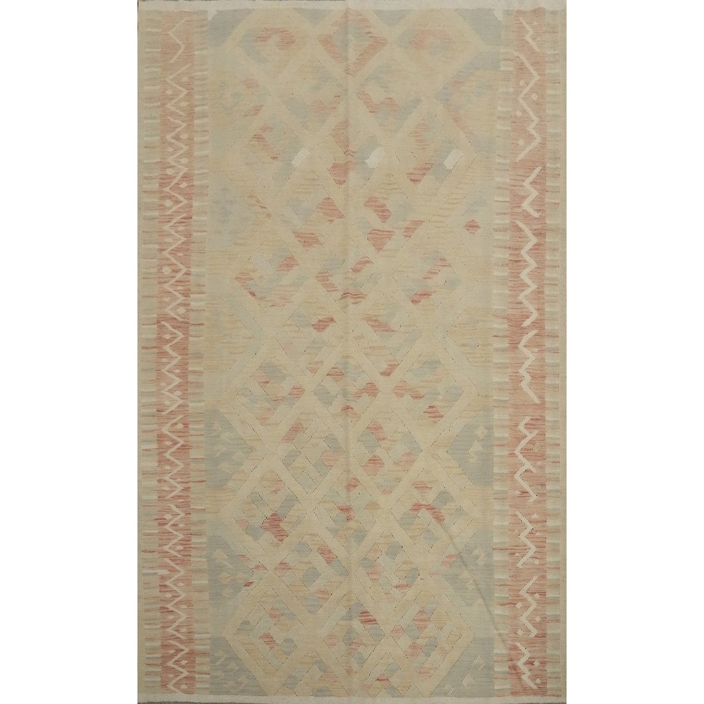 Hand Woven Oriental 100% Wool Carpet Southwestern Tribal Beige & Ivories Kilim Area Rug - 9' 8'' X 6' 8''
