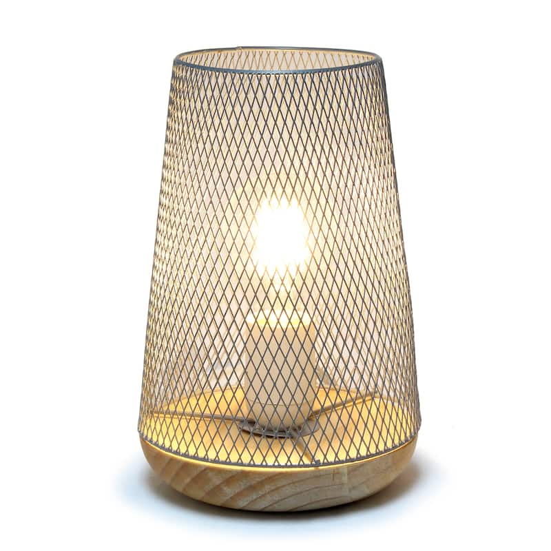 Metal Open Cage Mesh Table Lamp with Pine Wood Base - 6 x 6 x 9 in. (L x W x H)