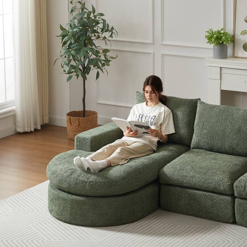 Curved Sectional Sofa with L-Shape Chaise, Chenille Upholstered Boneless Cloud Sofa, Modular 4 Seat Corner Sofa with Cushions