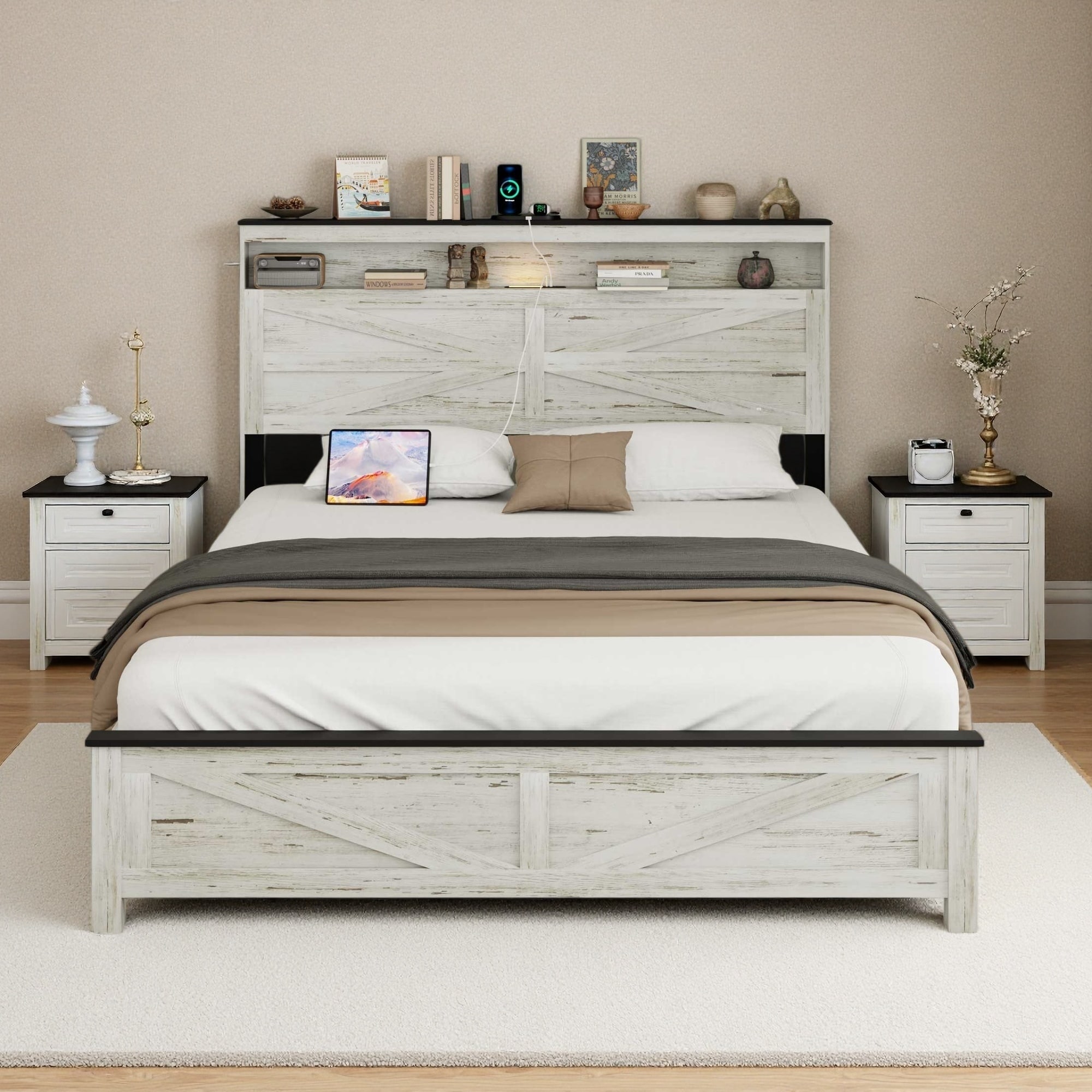 Wooden Platform Bed Frame with LED Lights, Charging Station, and Hidden Storage