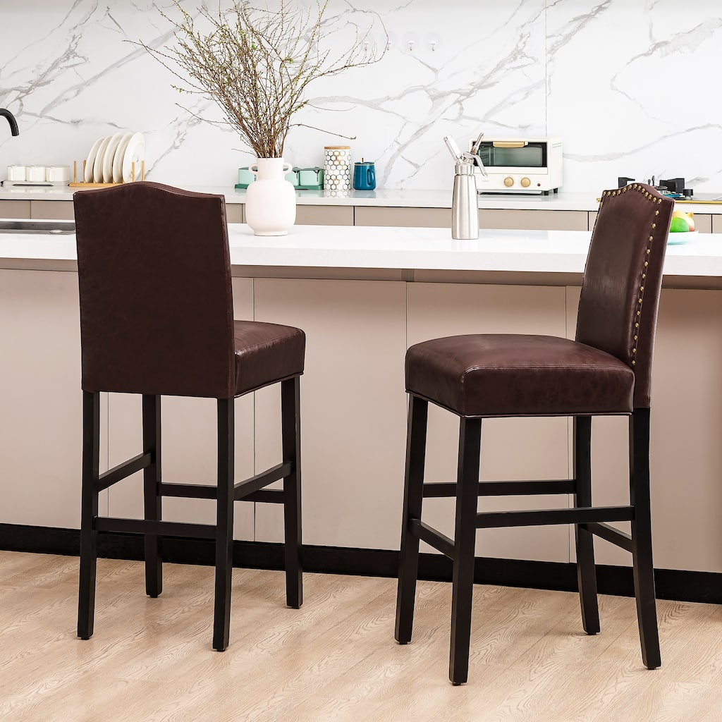 2-Piece Mid-Century Modern Studded Back Bonded Leather Coffee Bar Chairs by Glitzhome