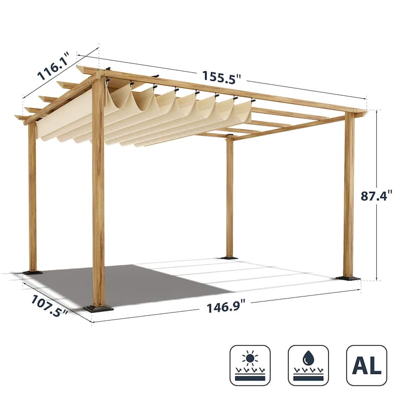 10 ft. x 13 ft. Wood Grain Aluminum Outdoor Pergola with Retractable Shade Canopy