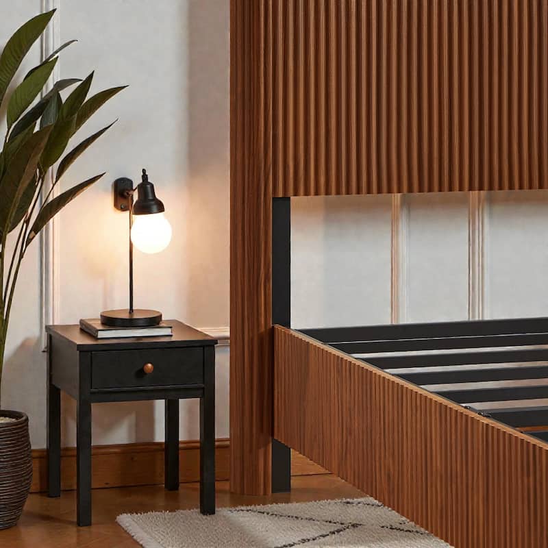 Wood Bed Frame with Corrugated Curved Wood Panels, Heavy Duty Metal Support, No Box Spring Needed