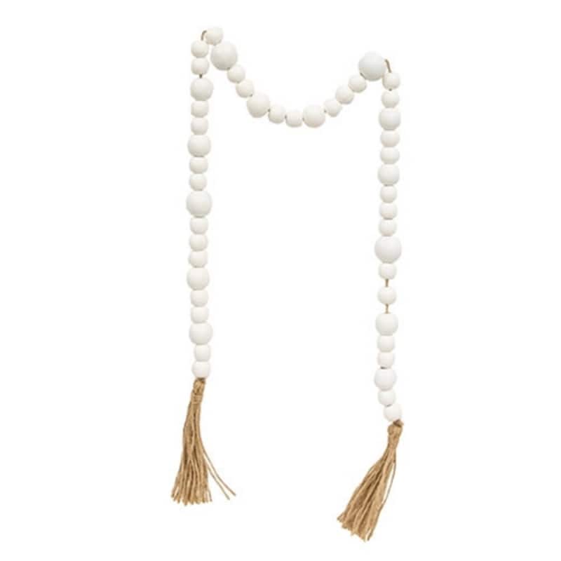 48 Inch White Wood Bead Garland with Tassels Rustic Farmhouse Home Accent Decor