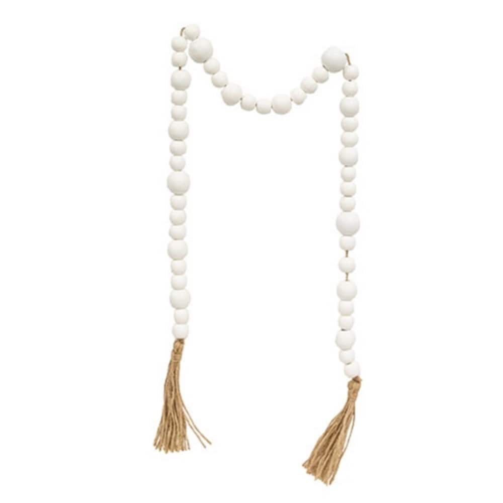 48 Inch White Wood Bead Garland with Tassels Rustic Farmhouse Home Accent Decor