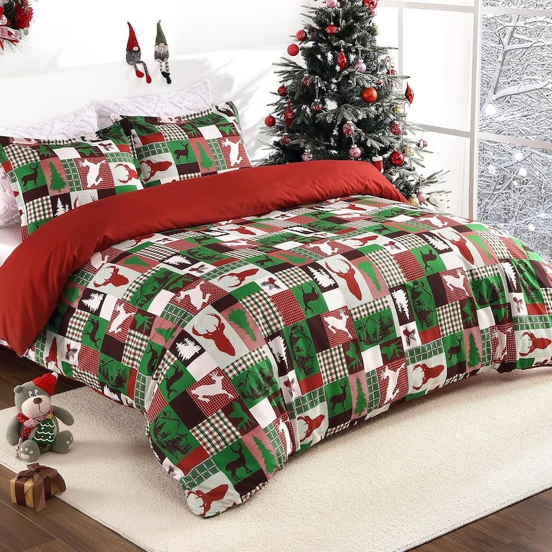 Christmas Reindeer Patchwork Duvet Cover and Pillow Shams Set, Bedding Set - Queen