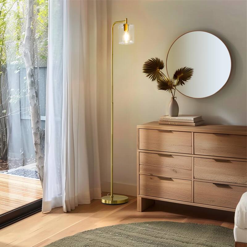 Brightech Elizabeth 66 in. Antique Brass Industrial LED Super Bright Floor Lamp with Glass Cylinder Shade