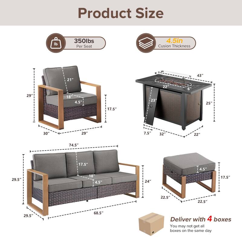 Meyreso Wicker Patio Conversation Set with Metal Fire Pit Table & Olefin Cushions