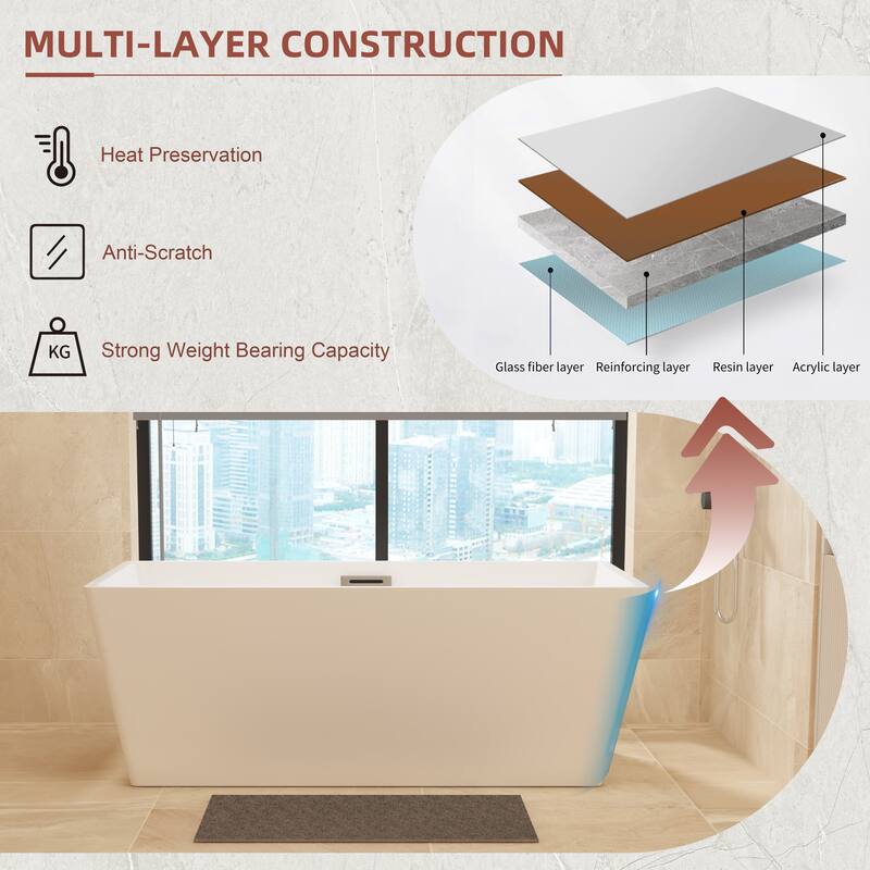 55''/59''/67'' Freestanding Bathtubs, Acrylic Soaking Bathtubs, Modern Spa Deep Soaking Tubs with Overflow & Drainer