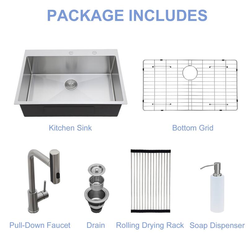 Drop-in Single Bowl 16 Gauge Stainless Steel Kitchen Sink with Pull-Out Faucet in Brushed Nickel