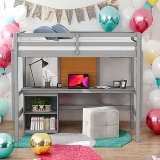 Impression Twin size Loft Bed with Desk, Writing Board and 2 Drawers Cabinet, Sturdy construction & Unique design, Grey