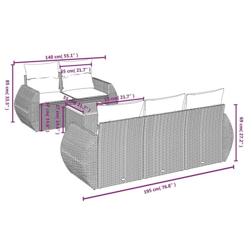 vidaXL Patio Sofa Set with Cushions Outdoor Furniture 6 Piece Poly Rattan - 24.4 x 27.6 x 27.2