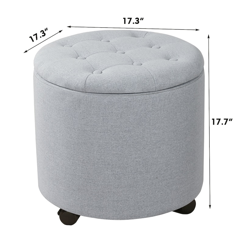 Adeco 17" Faux Leather Round Storage Ottoman with Tufted