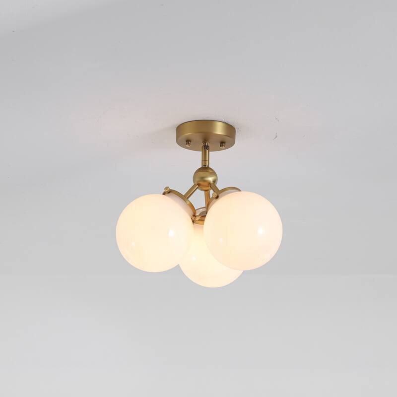 3-Light 14.2" W Mid-Century Modern Brushed Gold Chandelier with Opal Glass Bubble Globe Shades for Living Room, Bedroom