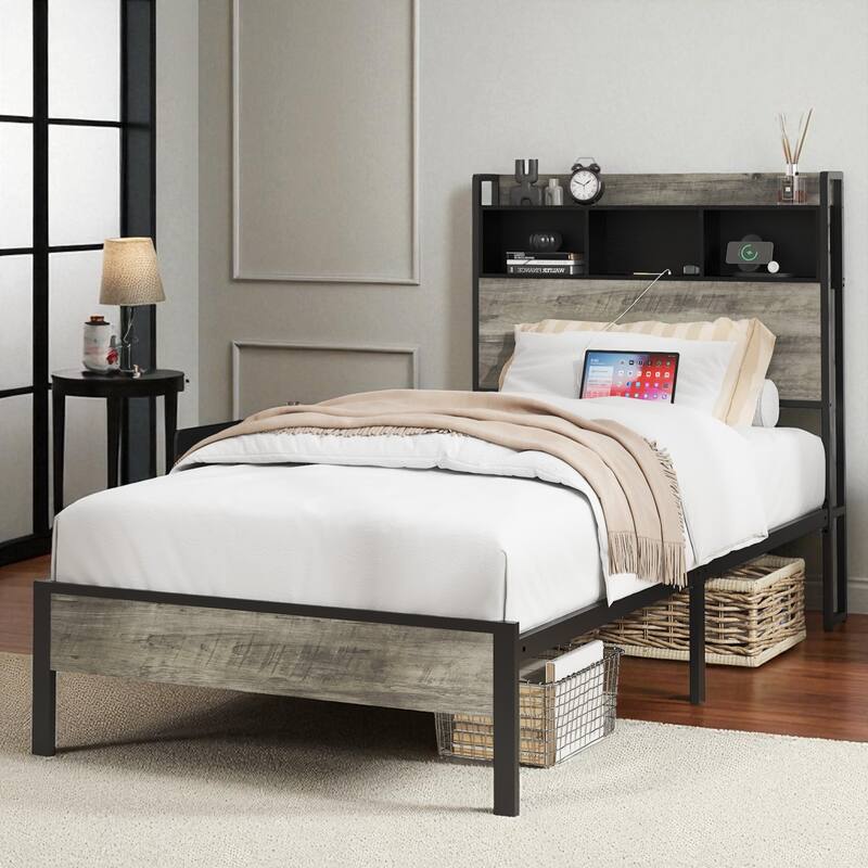 Twin/Full Size Bed Frame with Headboard Storage and Built-In Charging Station, Sturdy Wood & Metal Design - Grey - Twin