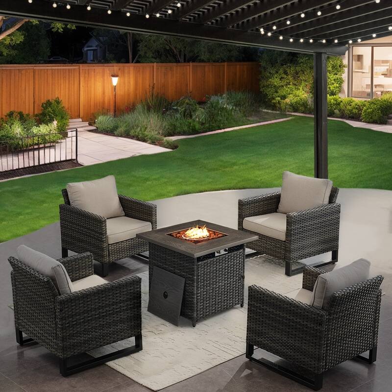 Gymojoy Outdoor Fire Pit Conversation Set, Patio Furniture with Cushions - 5 PCS - Club Chair & Fire Pit - Grey Wicker / Beige Cusion